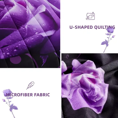 Miniatura 7 de WONGS BEDDING Juego de edredón morado tamaño completo, 7 piezas reversibles con patrón de rosas moradas en una bolsa, juego de edredón ligero