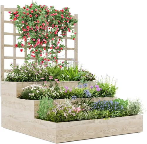 Miniatura 13 de GarveeLife Paquete de 2 macetas altas de madera con enrejado, cama de jardín elevada de 61.5 pulgadas de alto sobre ruedas, maceta vertical