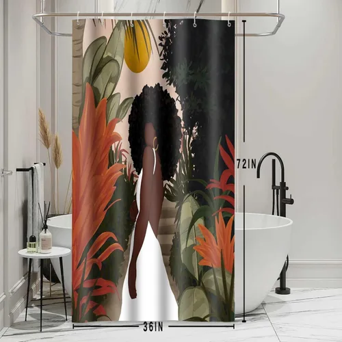 Miniatura 2 de Cortina de ducha de mujer afroamericana, sexy, de 36 x 72 pulgadas, poliéster, abstracto, bohemio, tropical, hojas de plantas tropicales, juego