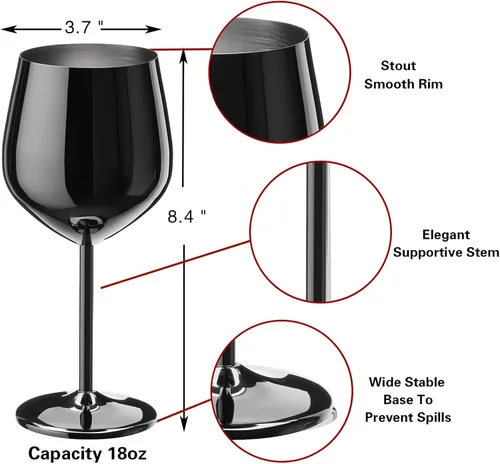 Miniatura 5 de WOTOR Juego de 4 copas de vino negras, copas de vino de acero inoxidable de 18 onzas, irrompibles y portátiles, copas de vino de metal con tallo