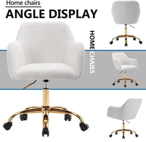 Miniatura 9 de Silla moderna de peluche para oficina en casa, bonita silla de escritorio tapizada con patas de metal dorado, silla giratoria ajustable con ruedas