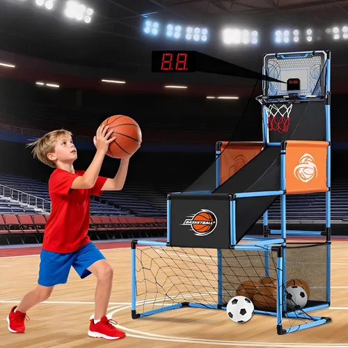 Juego de Arcade de Baloncesto y Portería de Fútbol 2 en 1 para Niños, Aro de Baloncesto Ajustable para Niños con 6 Pelotas y Bomba, Juegos de