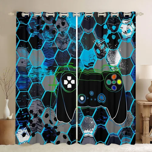 Miniatura 28 de Manfei Cortinas opacas negras de panal de abeja con luces de neón azul real, tratamientos de ventana con estampado geométrico hexagonal, decoración