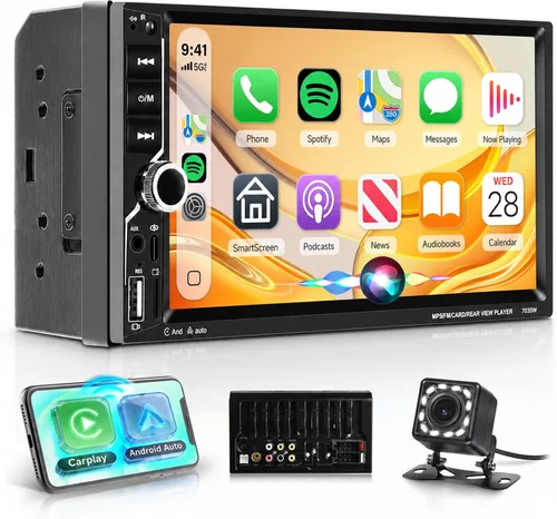 Rimoody Estéreo inalámbrico de doble DIN Carplay para automóvil, Android Auto, pantalla táctil de 7 pulgadas, radio de coche de 2 DIN con enlace de