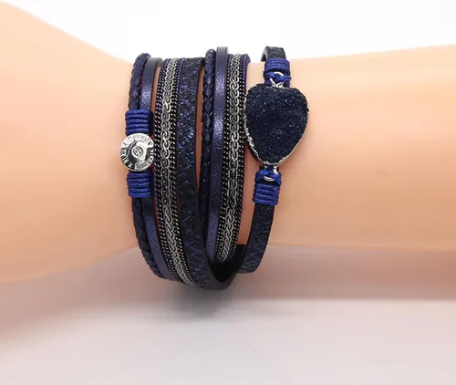 Miniatura 2 de Long tiantian Pulseras de cuero para mujer, pulsera bohemia de piedra de corazón de cristal, pulsera de múltiples capas, pulsera apilada, regalo