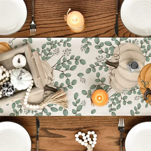 Miniatura 4 de Artoid Mode Camino de mesa de otoño con hojas de eucalipto y calabazas naranjas, decoración de mesa de comedor de cocina de Acción de Gracias