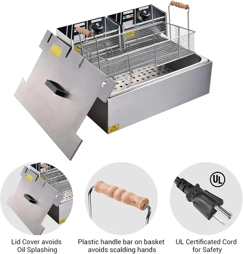 Miniatura 5 de Ampersand Shops - Freidora eléctrica comercial de 20 litros con cabezales eléctricos duales para papas fritas, maíz, perros, pollo frito, calidad