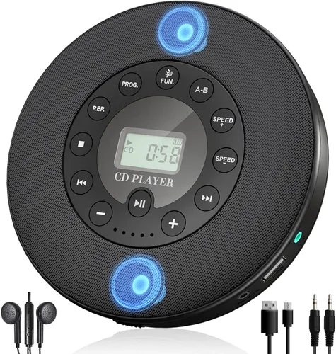 Lukasa Reproductor portátil de CD Bluetooth con altavoz incorporado, estéreo, reproductores de MP3 personales Recargable Disco compacto para coche