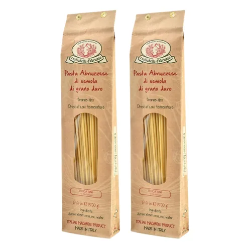 Rustichella d'Abruzzo Bucatini - Pasta italiana clásica con agujero, 2 unidades, 17.64 oz cada una, perfecta para salsa Amatriciana, pasta artesanal