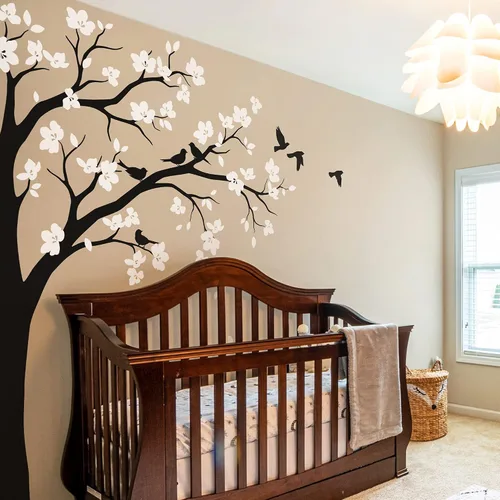 Miniatura 10 de Adhesivo decorativo para pared de árbol de esquina grande con flores grandes, pájaros y hojas para cuarto de bebé, mural 087