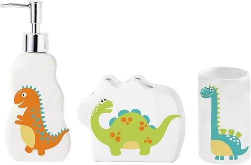 Juego de baño de dinosaurio para niños, 3 piezas de accesorios de baño divertidos para niños, incluyendo soporte para cepillos de dientes,
