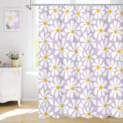 Miniatura 11 de Litabel Cortina de Ducha Pequeña para Cabina 36 x 72 pulgadas, Cortina de Ducha Estrecha de Tela Floral de Media Margarita para Baño Femenino, Juego
