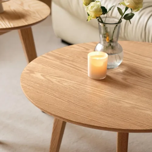 Miniatura 5 de Juego de mesa de café 100% de madera de roble macizo, mesa de café redonda combinada mesa auxiliar con patas de madera maciza, mesa de mediados