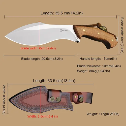 Miniatura 5 de BA-KOR (Survivor III) Cuchillo fijo de 35.5CM (14.2") de acero DC53 con tanga completa de 10mm engrosada + funda de cuero y encendido de cerio