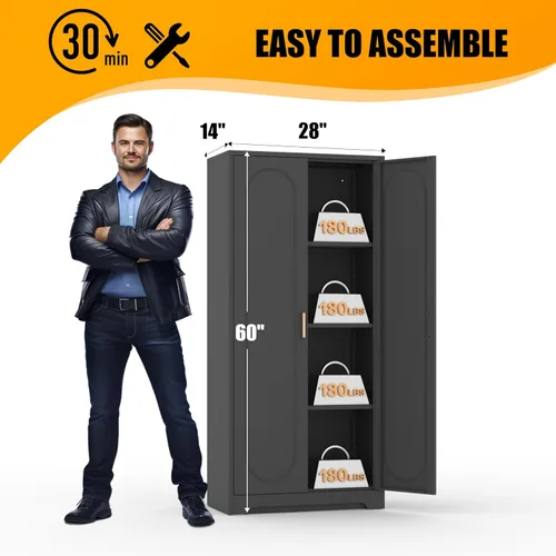 Miniatura 3 de Armario de almacenamiento de metal negro con puerta, armario de despensa de cocina con 3 estantes ajustables, armarios de almacenamiento de 60