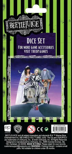 Miniatura 3 de Juego de dados Beetlejuice Dados coleccionables D6 con personajes de Beetlejuice – Andy y Barbara Maitland, gusano de arena, signo de Beetlejuice
