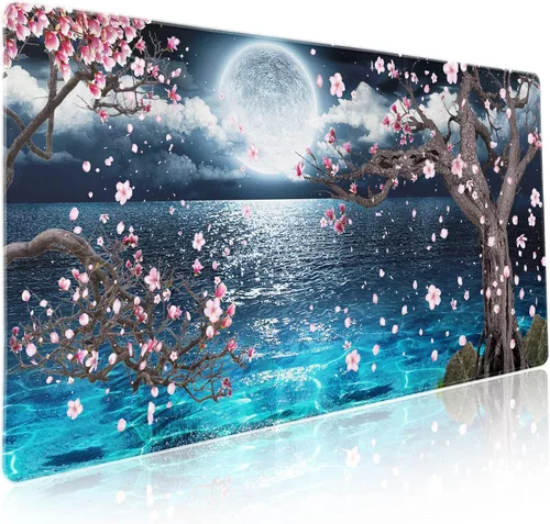 Miniatura 41 de Alfombrilla de ratón rosa y verde anime geométrica japonesa extendida para escritorio 90X40 CM, base de goma antideslizante, borde cosido