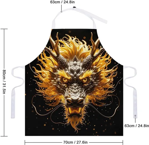 Miniatura 2 de MUSM Apron for Adults - 27.6 X 31.5 Inch, Heavy-Duty Polyester Aprons with Two Large Pockets, Waterproof Golden Dragon Head Kitchen Apron for