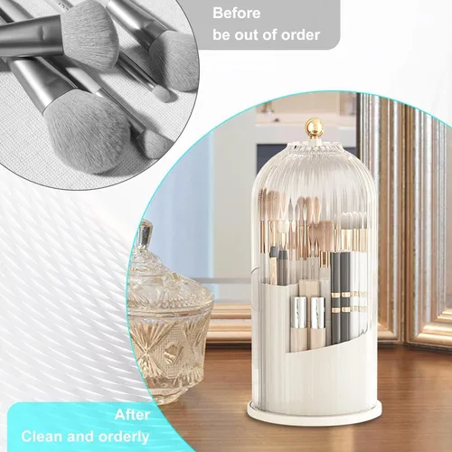 Miniatura 5 de Organizador de cuidado de la piel, soporte para brochas de maquillaje con tapa, giratorio de 360° a prueba de polvo, organizador de brochas