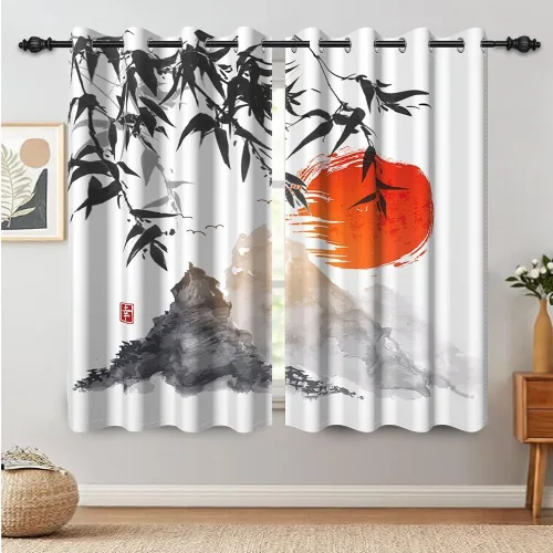 Miniatura 132 de Cortinas japonesas con pintura de tinta, monte Fuji, sol rojo, puesta de sol, hojas de bambú, cortinas de ventana para dormitorio, sala de estar