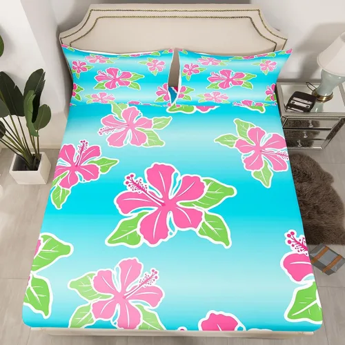 Miniatura 7 de Juego de ropa de cama de flores de hibisco, sábanas de plantas florales tropicales, sábana bajera botánica de Althea Shrubalthea, decoración de ropa