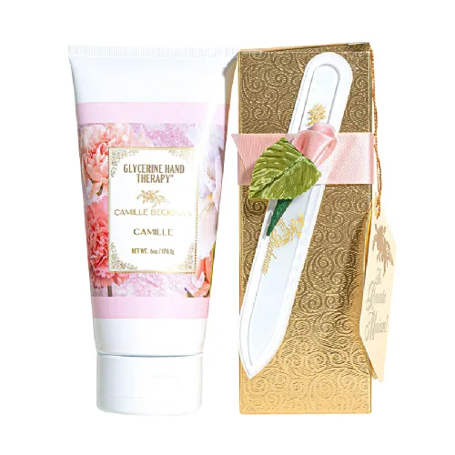 Camille Beckman Juego de regalo de manicura romántica, Camille, terapia de manos de glicerina de 6 onzas, lima de uñas de cristal premium