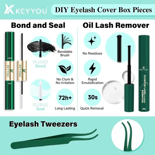 Miniatura 4 de Kit de extensión de pestañas KEYYOU 144 piezas con aplicador de pegamento y sello, racimos de pestañas Air Touch con removedor, rizo D, kit