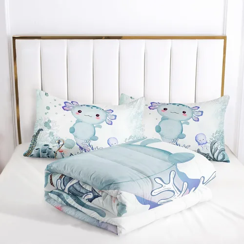 Miniatura 5 de AILONEN Lindo juego de edredón de ajolote tamaño Queen, 3 piezas para niños y niñas, ropa de cama en una bolsa, ropa de cama costera azul turquesa