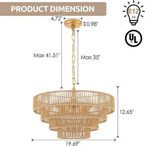 Miniatura 6 de Lámpara colgante de ratán tejida a mano, 6 luces, 4 redondas, de transición, minimalista, bohemio, grande, para cocina, isla, comedor, sala