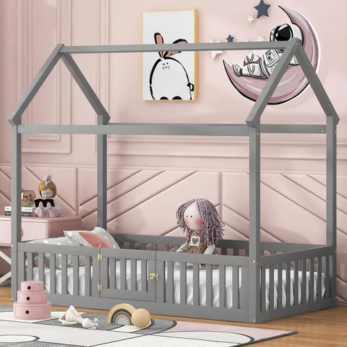Miniatura 3 de Merax Cama de madera de tamaño individual con valla y puerta, marco de cama de madera con techo para adolescentes, niños o niñas, gris