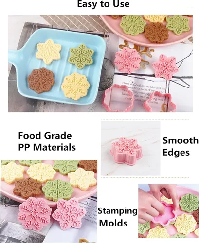 Miniatura 5 de Juego de 9 patrones de sellos de galletas de copo de nieve 3D, plástico de grado alimenticio, 6 ramas con forma de copos de nieve, cortadores