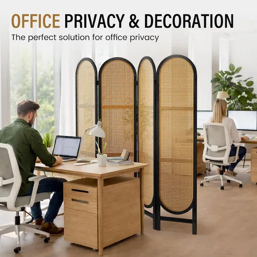 Miniatura 6 de Divisor de habitación de ratán arqueado de 5.6 pies, pantalla de privacidad plegable, 4 paneles independientes con bisagras dobles, divisor