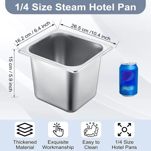 Miniatura 2 de Thenshop Paquete de 10 sartenes de acero inoxidable para hoteles de 1/4 de 6 pulgadas de profundidad, bandeja de comida de metal comercial