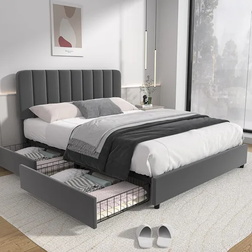 Miniatura 47 de VECELO Marco de Cama Tapizada Tamaño Full con 4 Cajones y Cabecero, Marco de Cama Plataforma de Almacenamiento de Terciopelo, Soporte de Listones