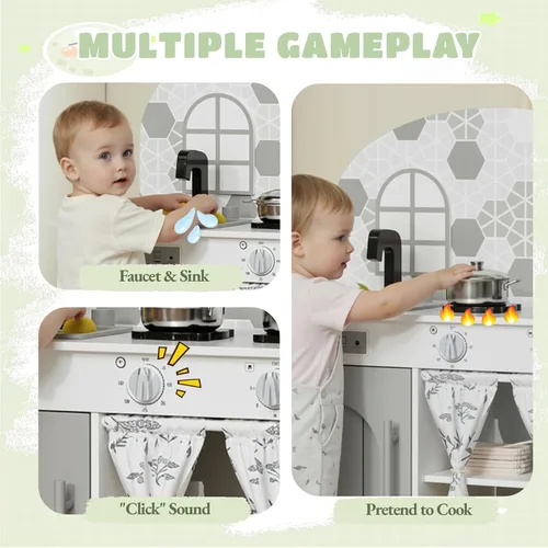 Miniatura 5 de Arlopu Juego de cocina interactiva para niños con armario con cortina, perillas, grifo y fregadero, lavadora, accesorios de utensilios de cocina