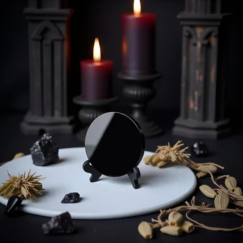 Miniatura 6 de Espejo de Adivinación de Obsidiana Negra, Espejo Circular de Obsidiana Negra Feng Shui con Soporte, Artesanías para Decoración de Escritorio (18 cm)