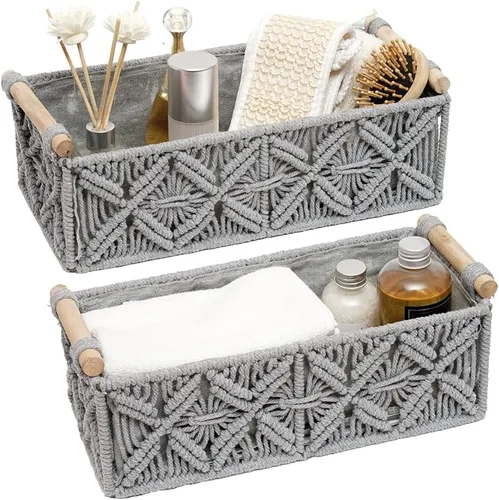 Miniatura 9 de Cesta de almacenamiento de macramé, canasta decorativa bohemia para organizar, cesta decorativa tejida para encimera, cesta de papel higiénico