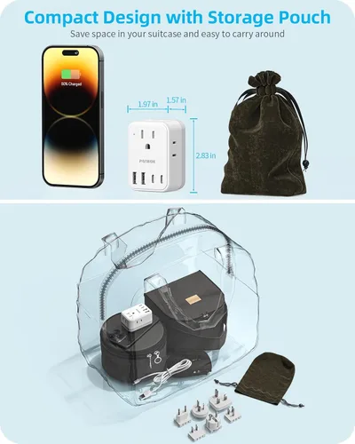 Miniatura 5 de PAEWOK Adaptador de viaje PD de 20 W, mini adaptador universal de viaje con 1 toma de CA y carga rápida USB, adaptador de enchufe internacional
