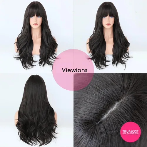Miniatura 4 de Peluca larga negra ondulada para mujer, peluca sintética de color oscuro con flequillo, resistente al calor, de aspecto natural, sin pegamento