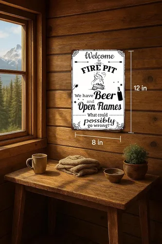 Miniatura 3 de MOSM Divertido letrero de metal vintage – Welcome to the Fire Pit, We Have Beer and Open Flames – Decoración de pared retro al aire libre para patio