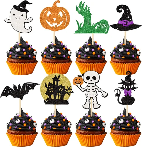 Miniatura 19 de Rsstarxi Paquete de 24 adornos para cupcakes Little Boo con purpurina, bruja, gato, calabaza, castillo, fantasma, magdalenas, alimentos, decoración