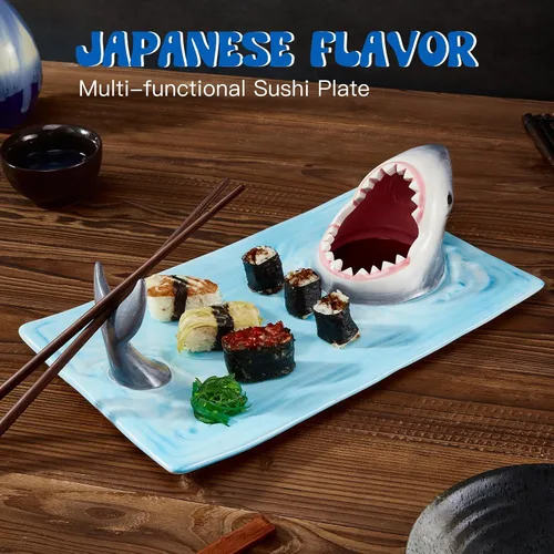 Miniatura 4 de Platos de tiburón, plato de sushi de tiburón 3 en 1 mejorado, plato de sushi de tiburón, plato de tiburón con compartimento para salsa