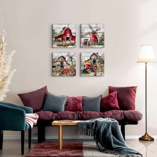 Miniatura 4 de Arte de pared rústico de granja, pintura de paisaje rural, molino de viento de granero, camión, impresiones en lienzo de animales de granja, vaca
