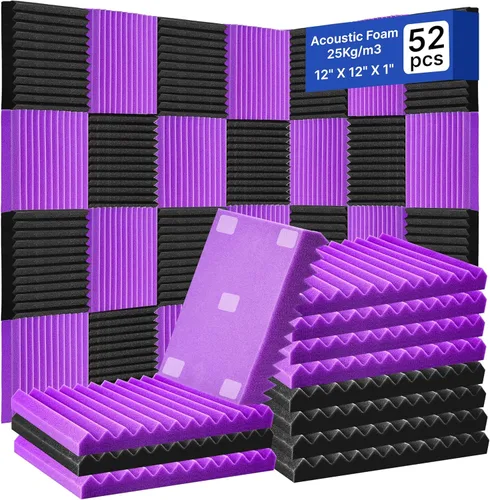 Paquete de 52 paneles de espuma acústica, de 1 x 12 x 12 pulgadas, paneles de pared de espuma acústica de absorción de sonido (color negro/morado)
