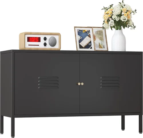 Gabinete de almacenamiento de metal, soporte de TV de 2 puertas, armario decorativo con puertas y estante ajustable, armario de metal, mesita de