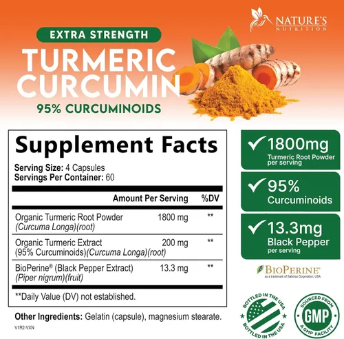 Miniatura 2 de Suplemento de curcumina de cúrcuma de 2000 mg, apoyo articular e inmunológico de la naturaleza, pimienta negra orgánica tumérica y bioperina