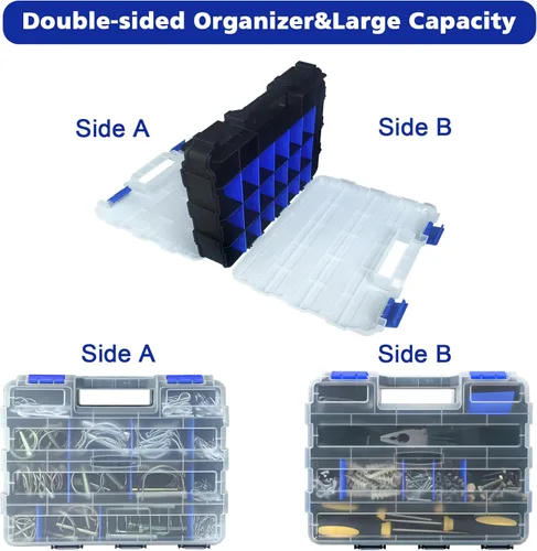 Miniatura 5 de Caja organizadora de herramientas, caja de almacenamiento de piezas pequeñas, 50 compartimentos, organizadores de hardware de doble cara con Azul