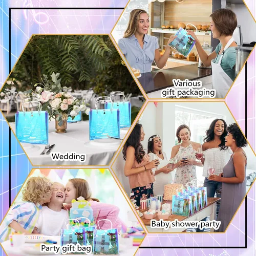 Miniatura 6 de Sherr 25 bolsas de regalo pequeñas holográficas transparentes iridiscentes reutilizables de plástico de PVC para compras, bodas, cumpleaños, baby