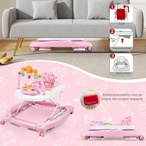 Miniatura 7 de Andador de bebé, 5 en 1 para niños y niñas de 6 a 12 meses, andadores plegables para bebés con gorila y bandeja de alimentación, música, alturas