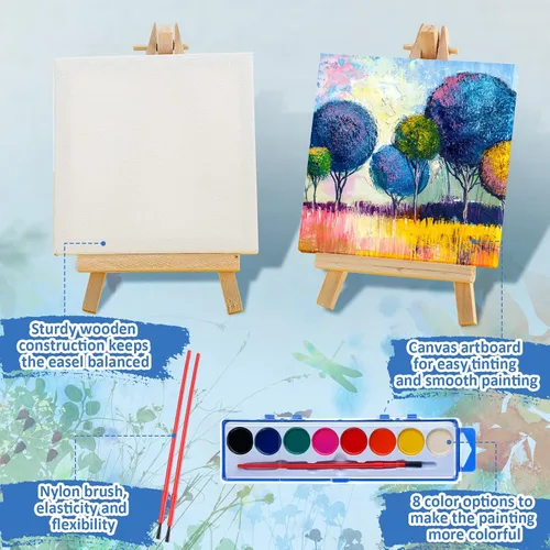 Miniatura 3 de Outus Juego de 12 mini kit de pintura en lienzo, juego de pintura de acuarela de 4 x 4 pulgadas con caballete de 8 colores lavables, pinceles